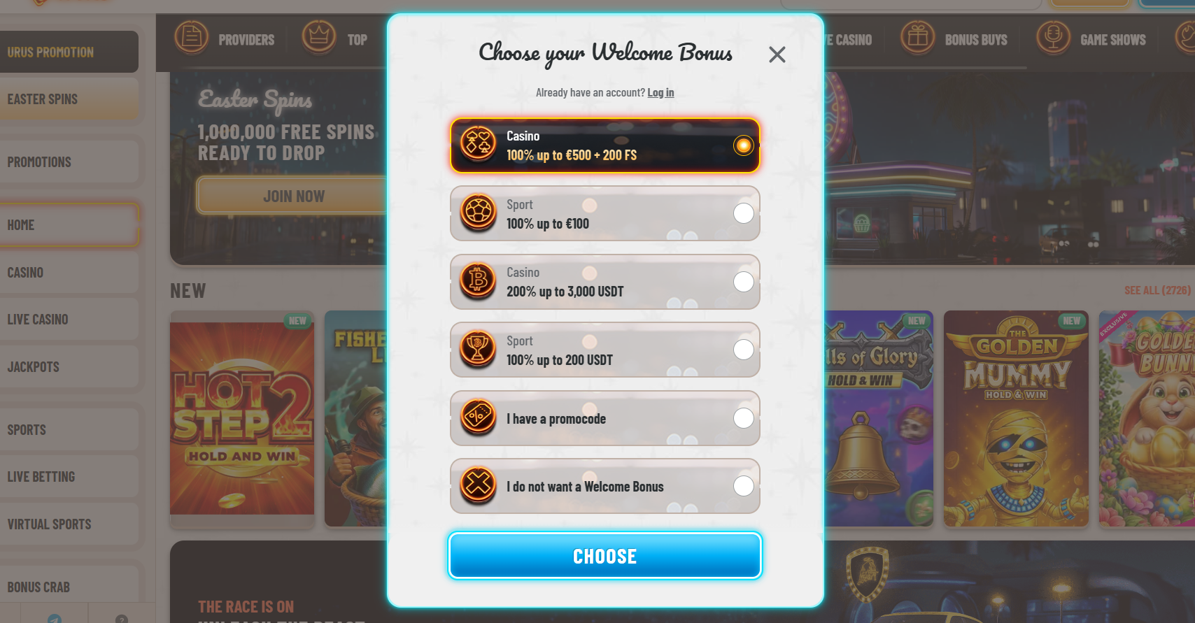 Modal window for selecting a welcome bonus, showing multiple options (casino, sport, crypto, or no bonus) with radio buttons, and a highlighted €500 + 200 free spins offer selected above a blue “Choose” button.