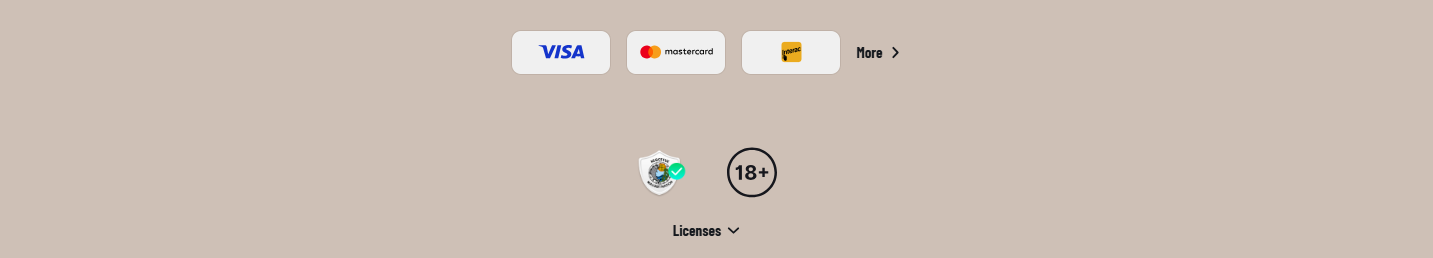 Footer section with Visa, Mastercard, and Maestro payment icons, a certification badge, an 18+ age restriction symbol, and a “Licenses” dropdown link on a light background.