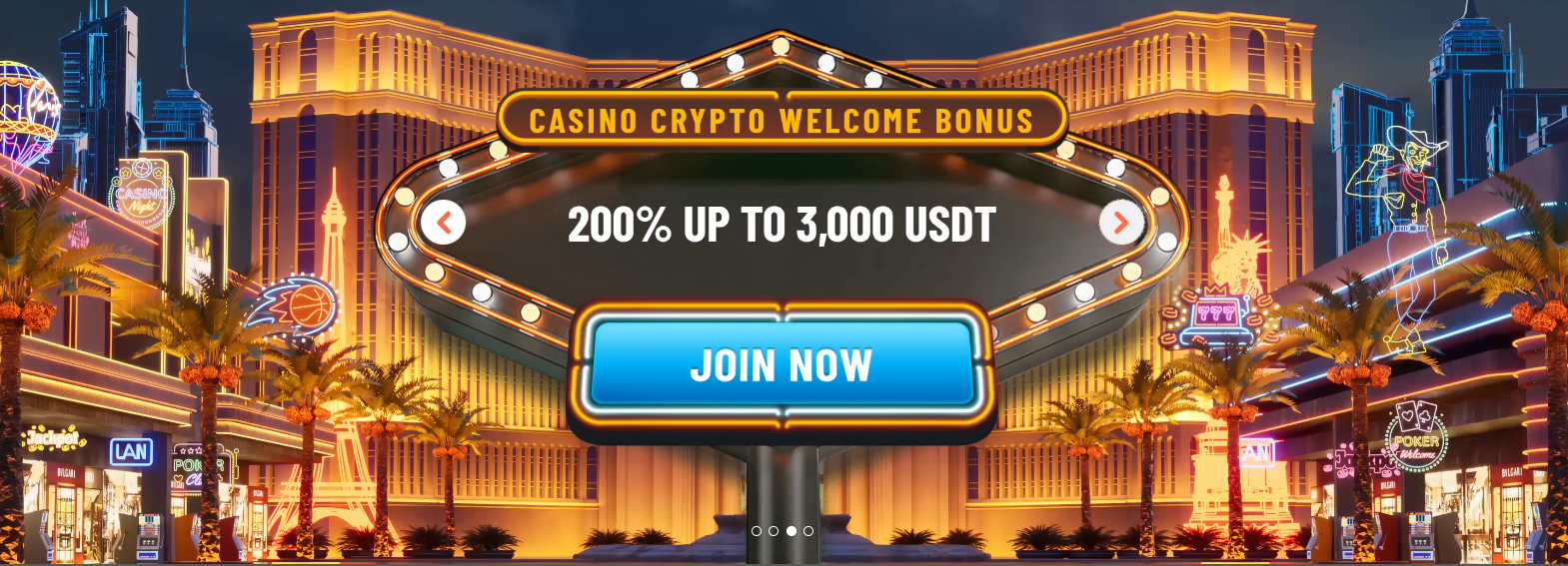 Casino banner with a Las Vegas neon backdrop promoting a crypto welcome bonus of 200% up to 3,000 USDT, featuring a central marquee sign and a bright “Join Now” button.