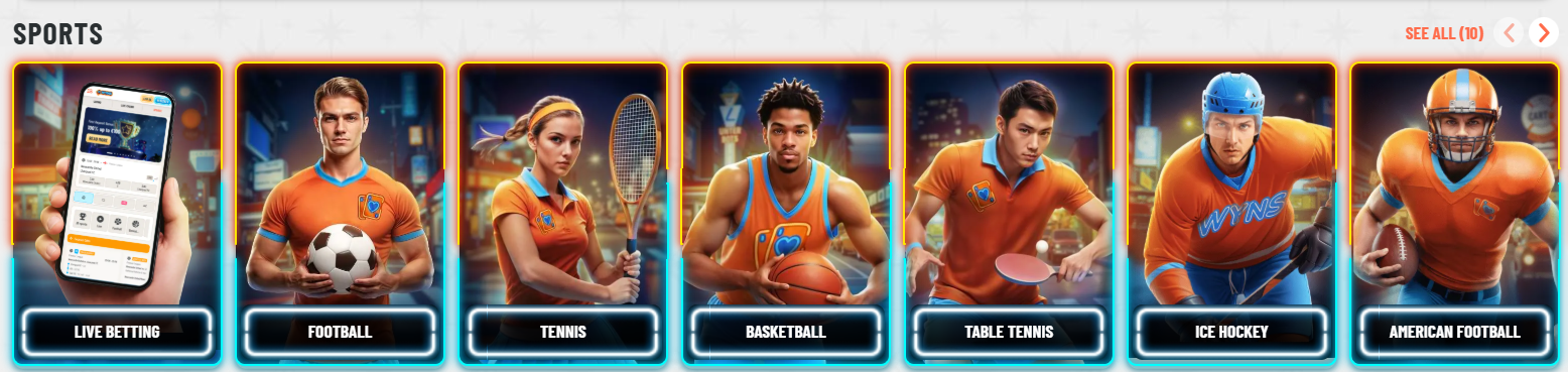 Sports section with category cards for live betting, football, tennis, basketball, table tennis, ice hockey, and American football, each illustrated with athletes and highlighted by neon-style borders.